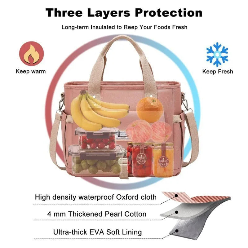 Cube-shaped hiking picnic bag in Oxford cloth with a removable shoulder strap and side pocket.
