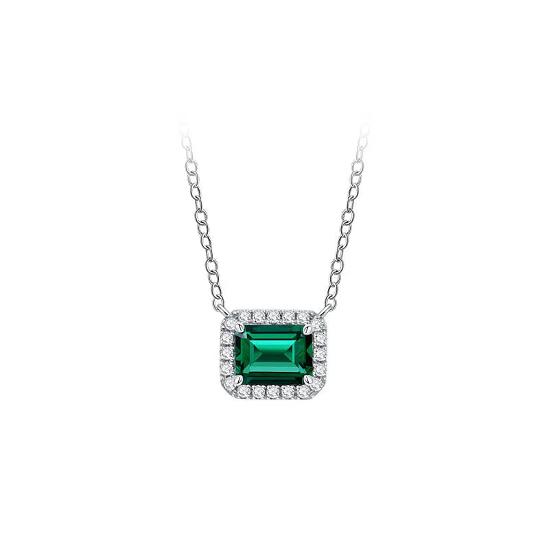 925 sterling silver necklace with green quadrilateral pendant, cross chain style, platinum electroplated finish