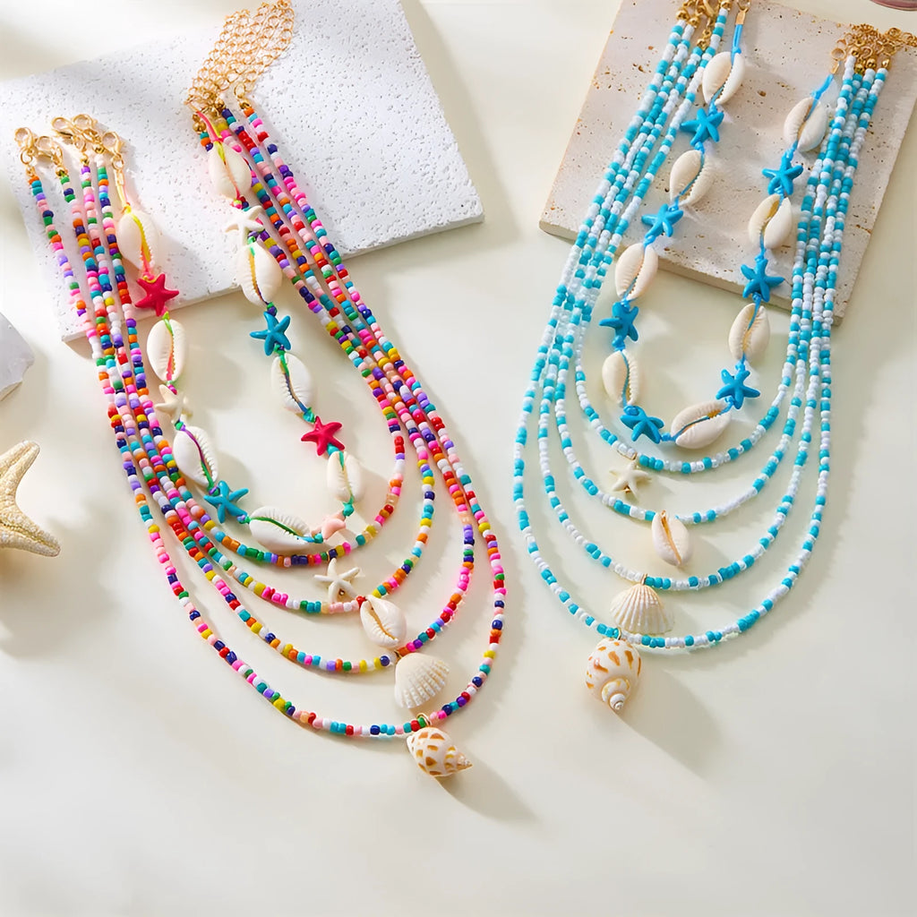 Women's starfish shell conch bead necklace five-piece set with blue and colourful electroplated alloy pendants