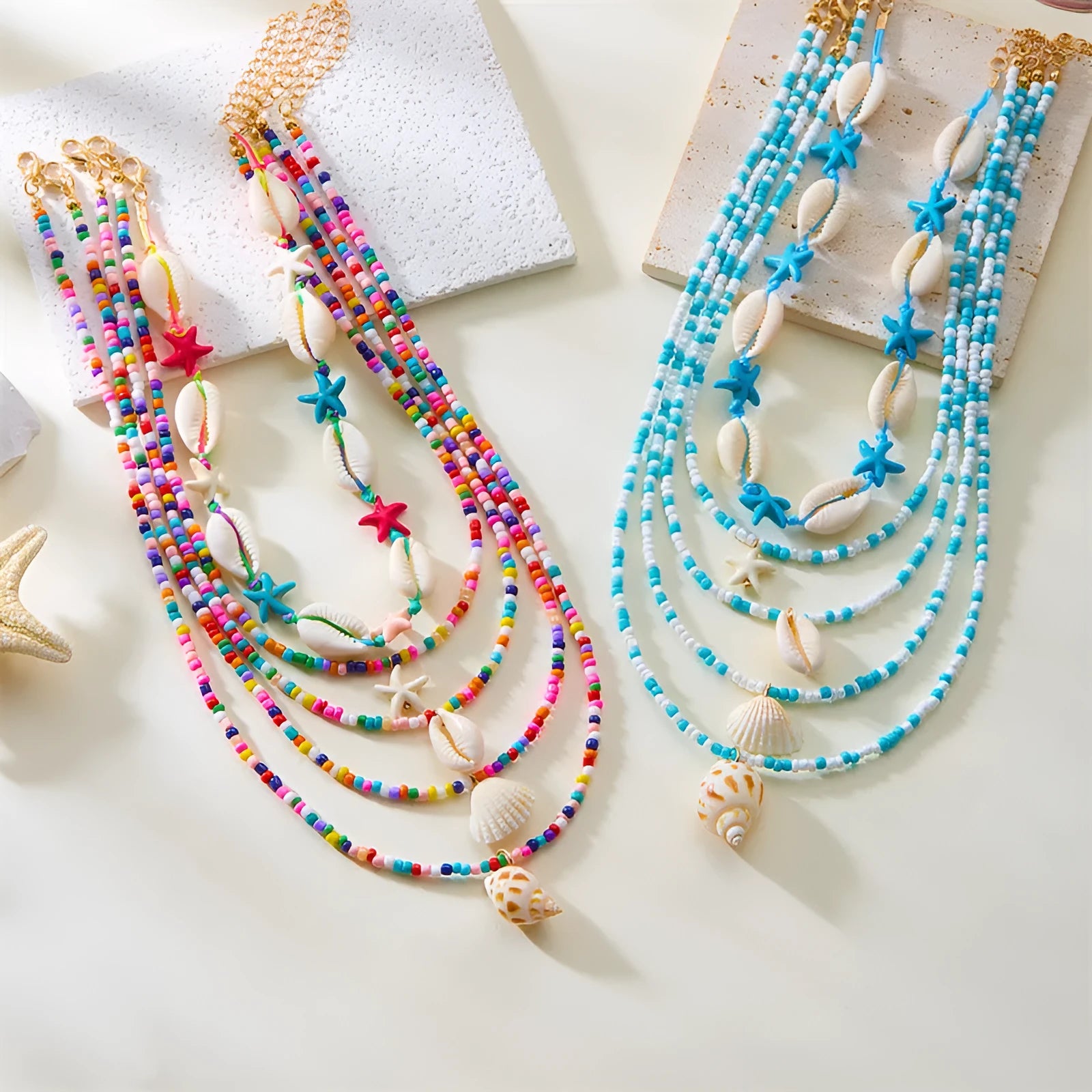 Women's starfish shell conch bead necklace five-piece set with blue and colourful electroplated alloy pendants