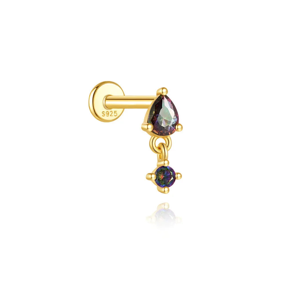 S925 sterling silver geometric ear stud with rainbow stone and super shiny gold-colour finish.