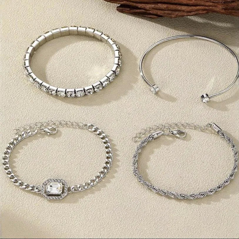 Women's retro geometric alloy bracelet four-piece set showing square diamond detailing on metal chain