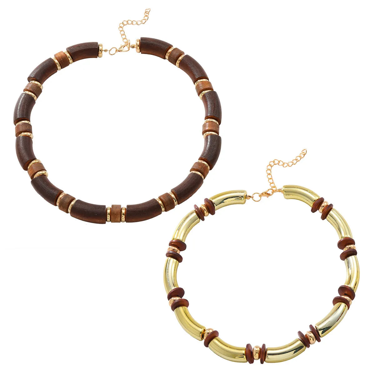 Multi-layer wooden necklace and bracelet set with alloy construction and exaggerated styling