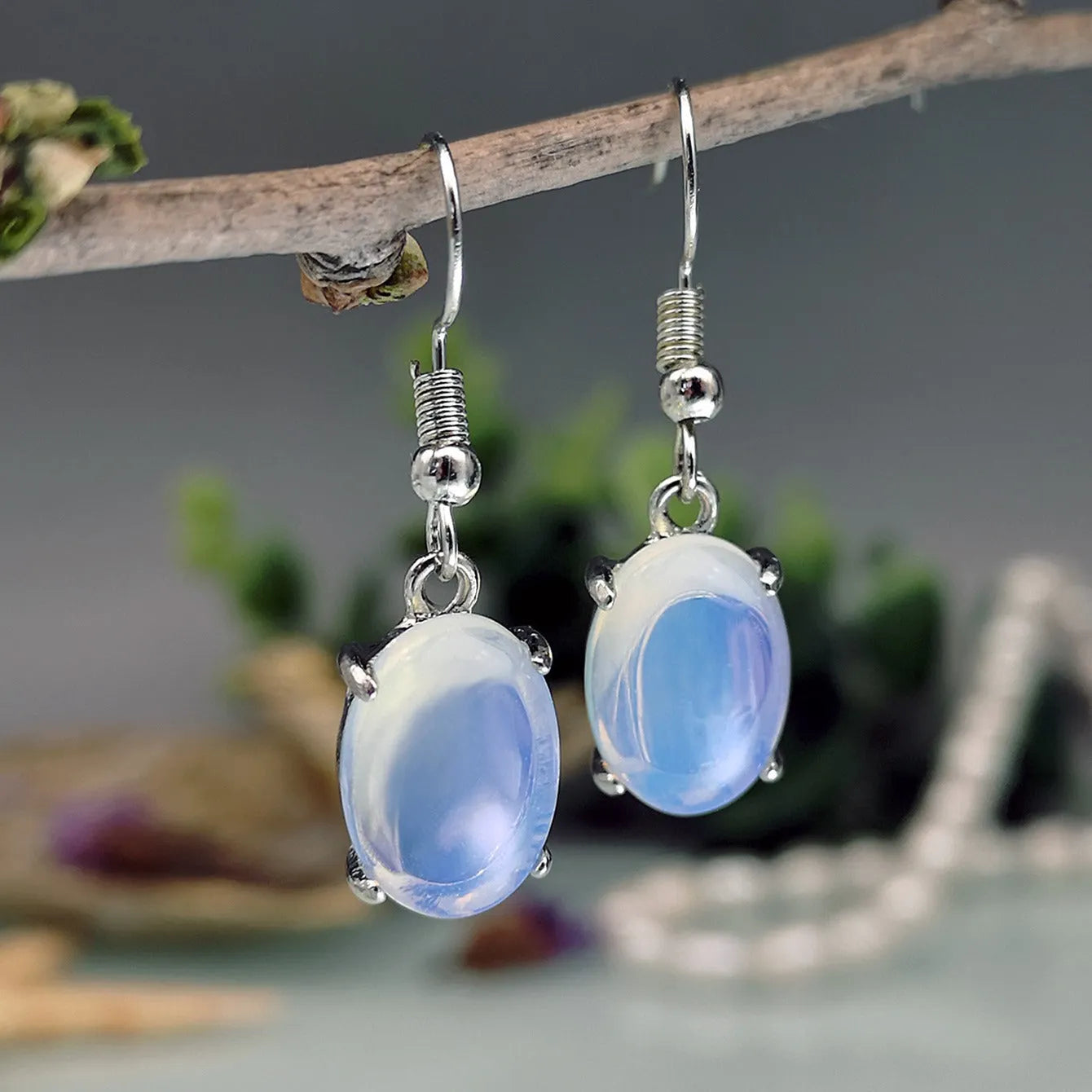 Moonlight white opal earrings with cross pendant in retro drop shape design
