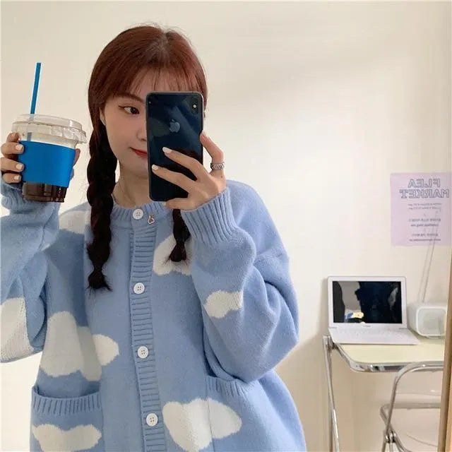 Women's blue cloud pattern spandex cardigan with loose fit and long sleeves