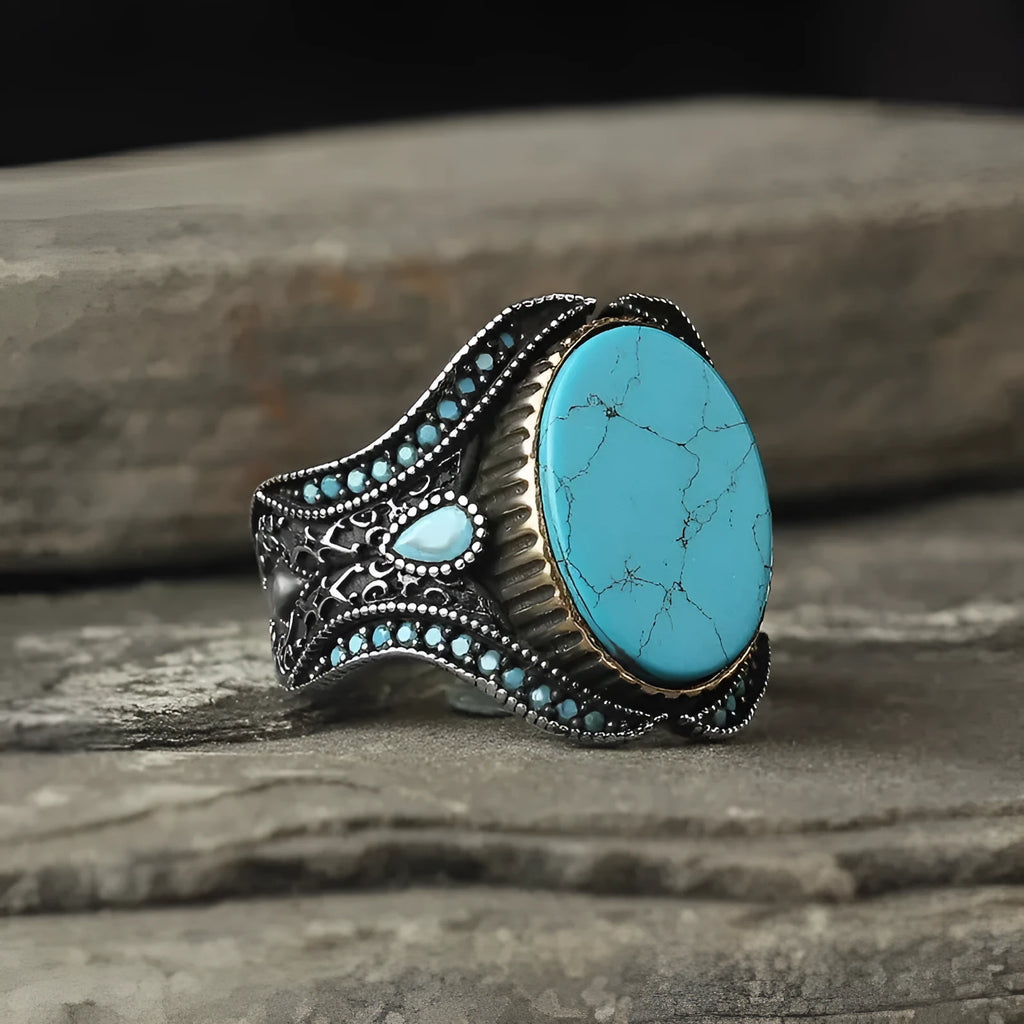 Men's round turquoise antique silver alloy ring showing simple band design