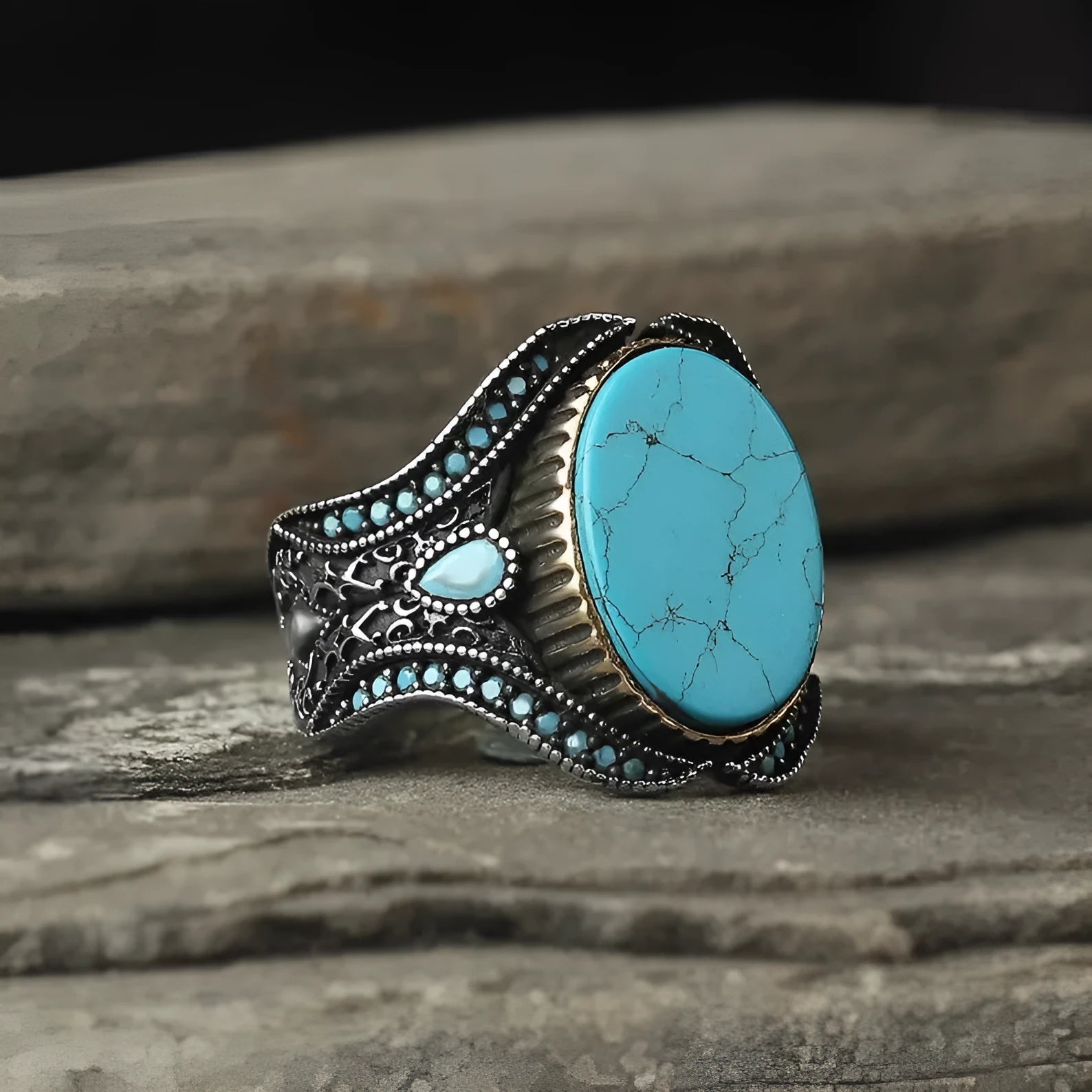 Men's round turquoise antique silver alloy ring showing simple band design