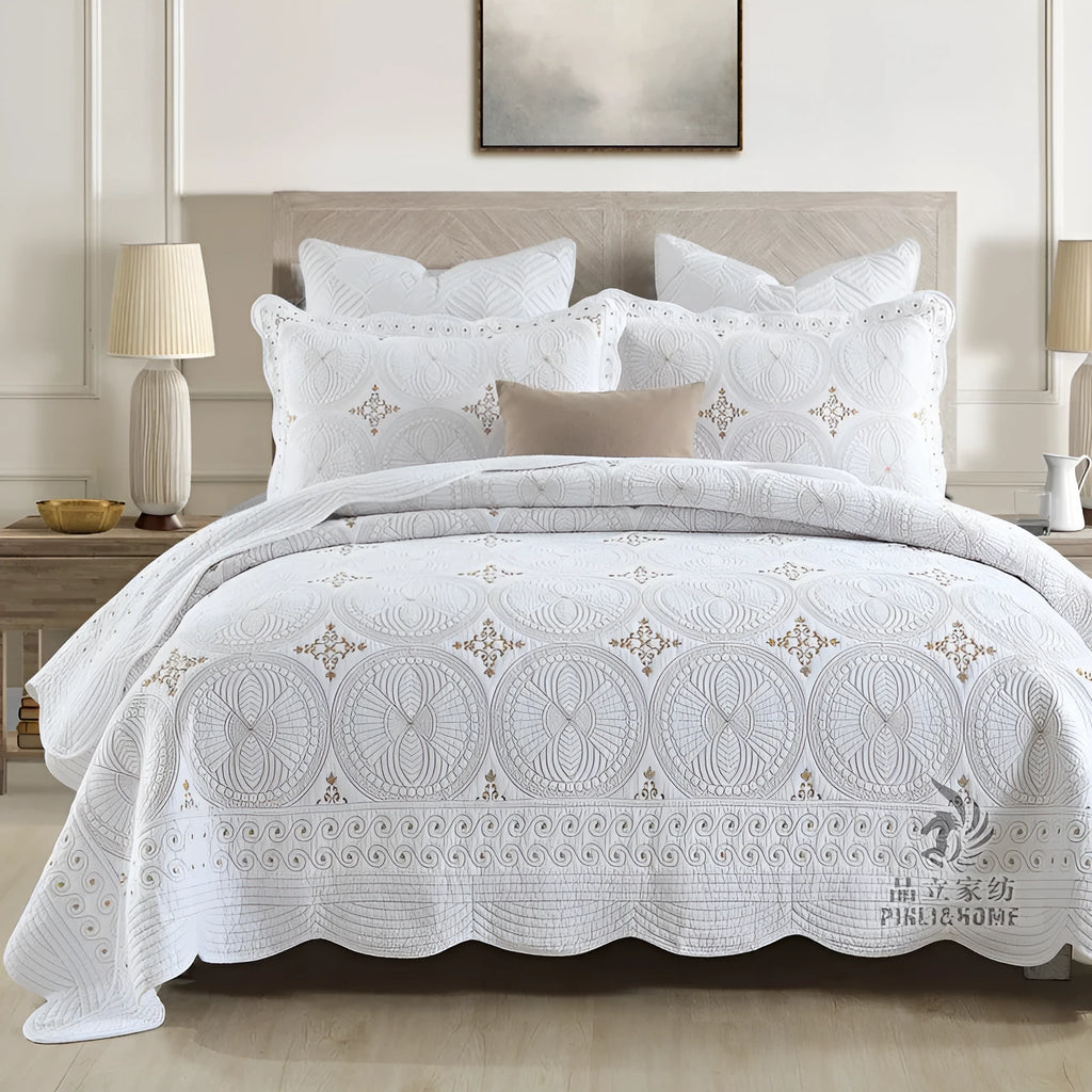 Pure cotton embroidered bedspread and pillowcase set in solid colour on a 1.8 metre bed.