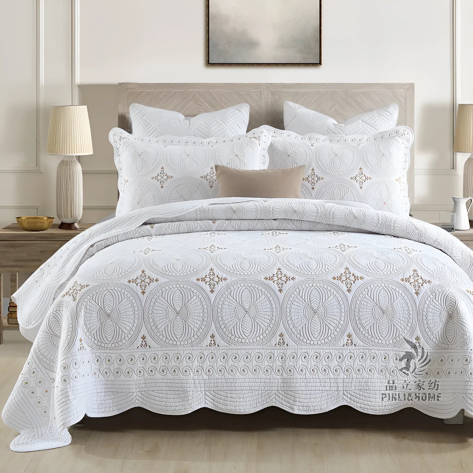 Pure cotton embroidered bedspread and pillowcase set in solid colour on a 1.8 metre bed.