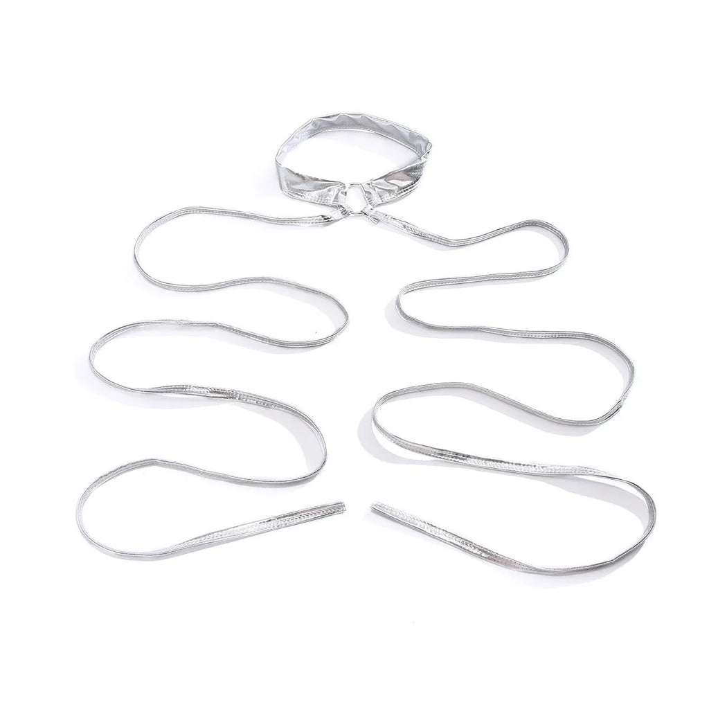 Silver alloy cross thigh chain jewellery with lace-up fastening and geometric links