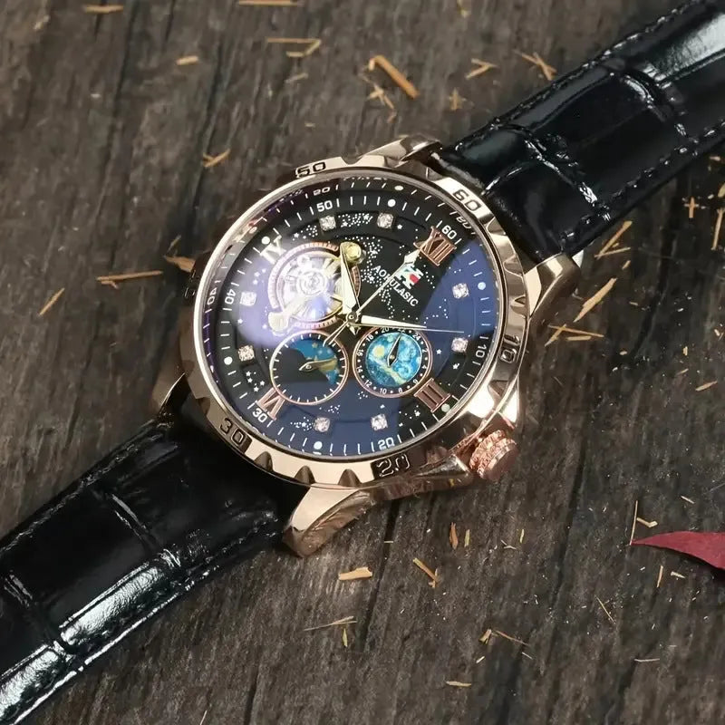Black and rose gold automatic mechanical watch with large dial and genuine leather strap