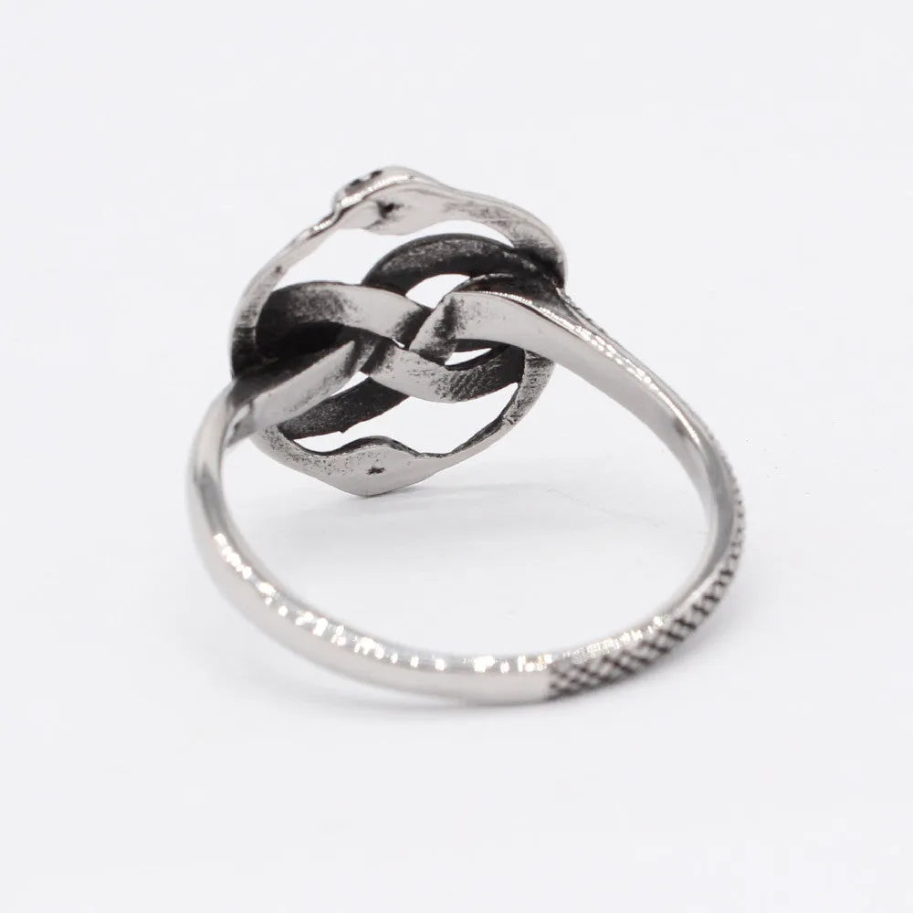 Retro double snake ring in titanium steel with steel colour finish showing entwined snake design