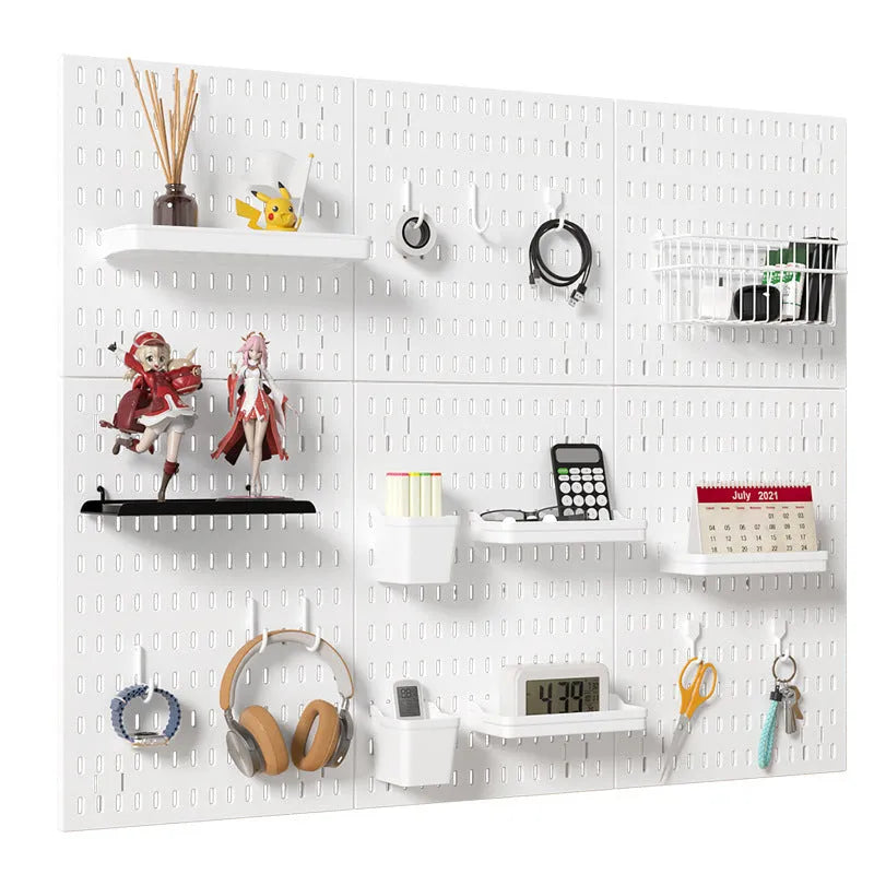 White punch-free wall storage rack with wire-wrap board for cable organisation