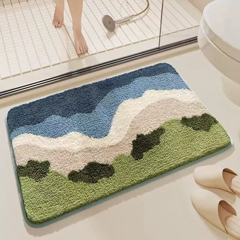 Square rainbow pattern carpet floor mat with a blue and white sky sea colour scheme and a plastic bottom.