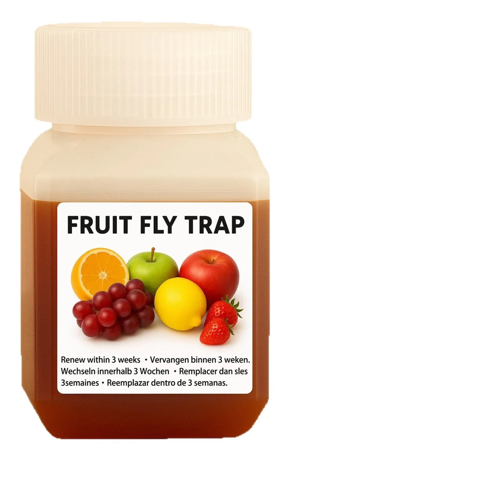 Bottle of SK003 fruit fly bait liquid for use in pest traps.
