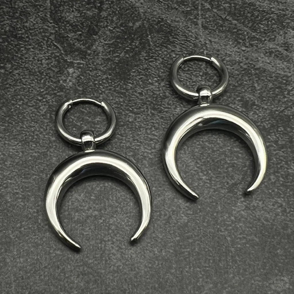 Silver alloy clip-on hoop earrings with gothic moon design and punk style geometric shape