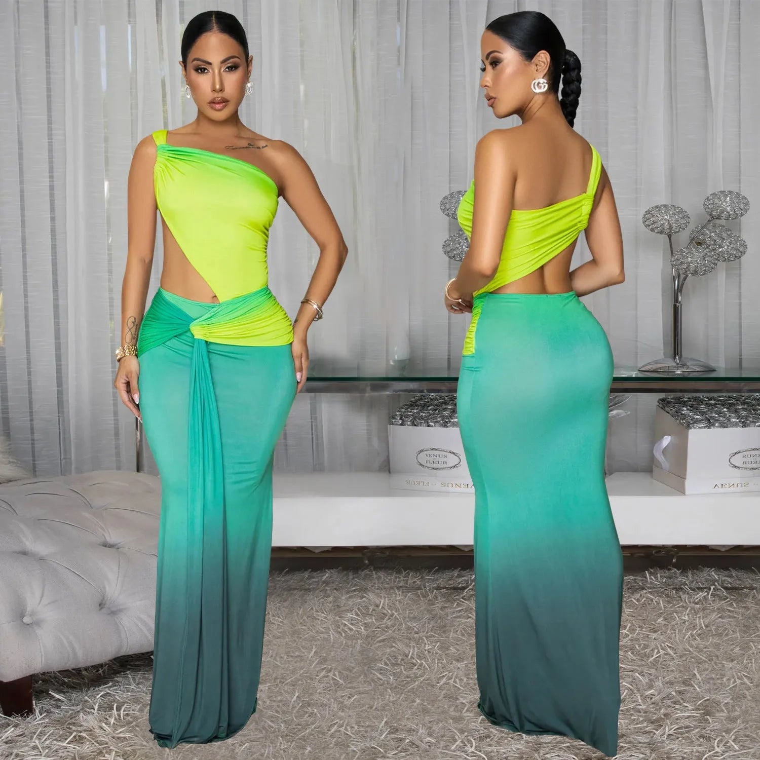Women's cross-shoulder gradient maxi dress in polyester with high waist and sleeveless design