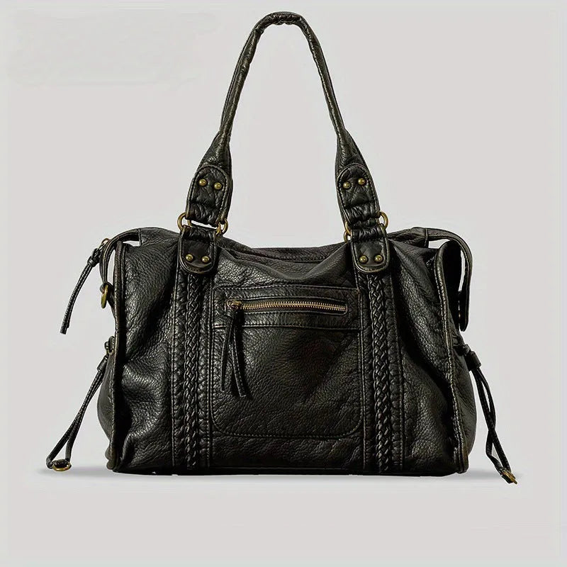 Women's brown soft PU leather retro messenger bag with a single shoulder strap, shown open to reveal internal zippered organisers.