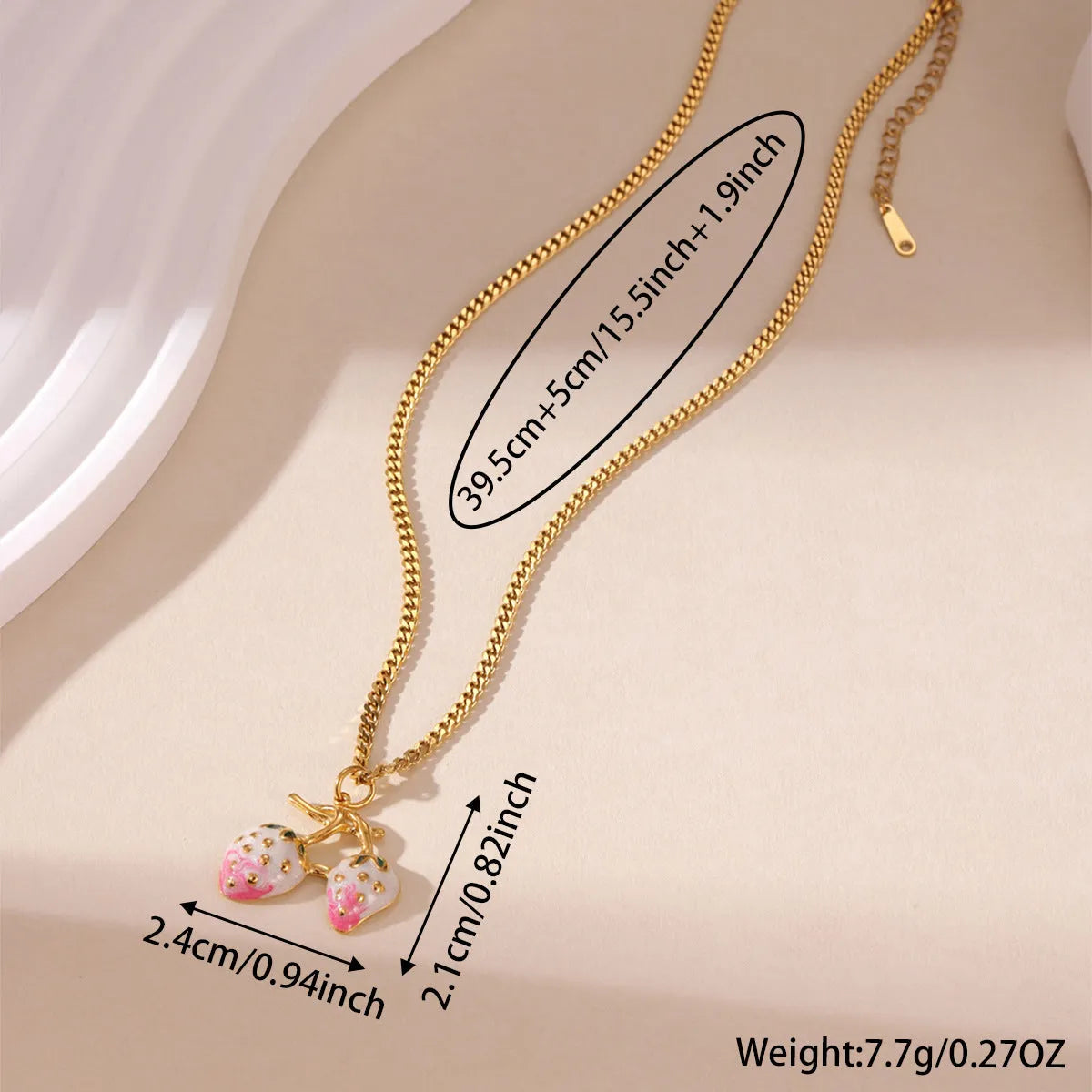 Stainless steel strawberry fruit pendant necklace in red and white gradient colour options.