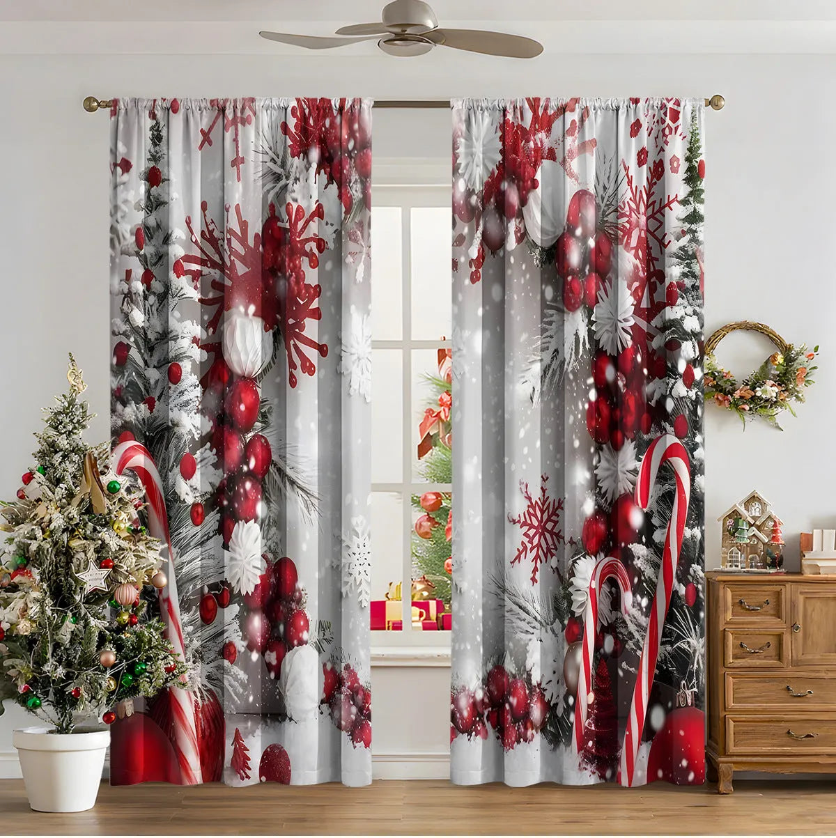 Pair of 3D digitally printed Christmas curtains with a European pattern on polyester fabric.