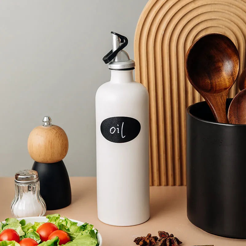 Ceramic kitchen oil pot with 650ml funnel, sealed spice bottle attachment, and built-in oil brush