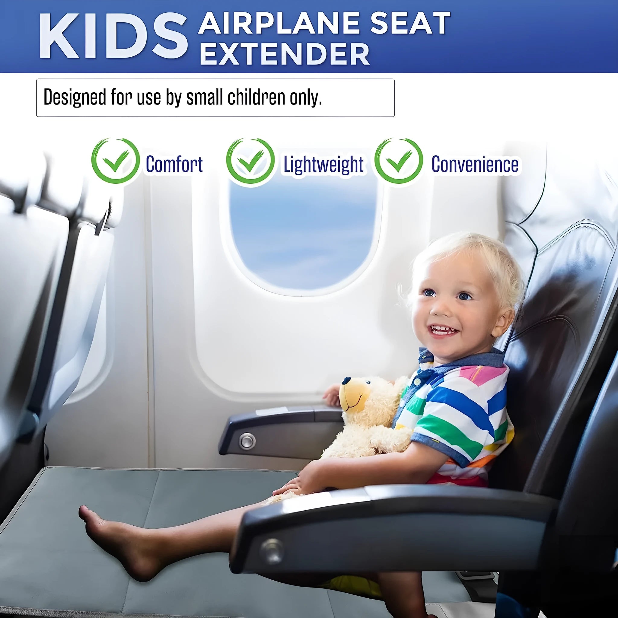 Portable children's aircraft seat extender with drawstring storage pocket in blue colour