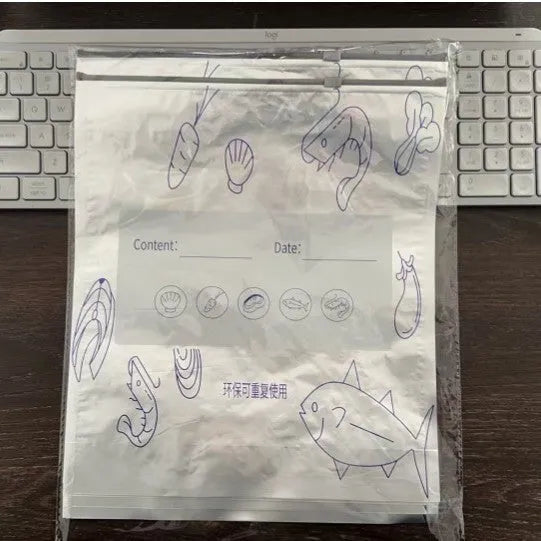 Pack of ten silver aluminium foil sealed storage bags in three different sizes on a white background.