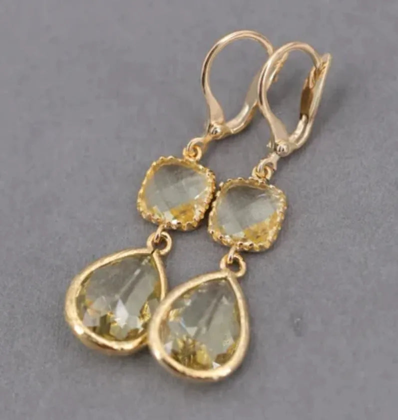 Gold geometric long fringe earrings with water droplet crystals on copper