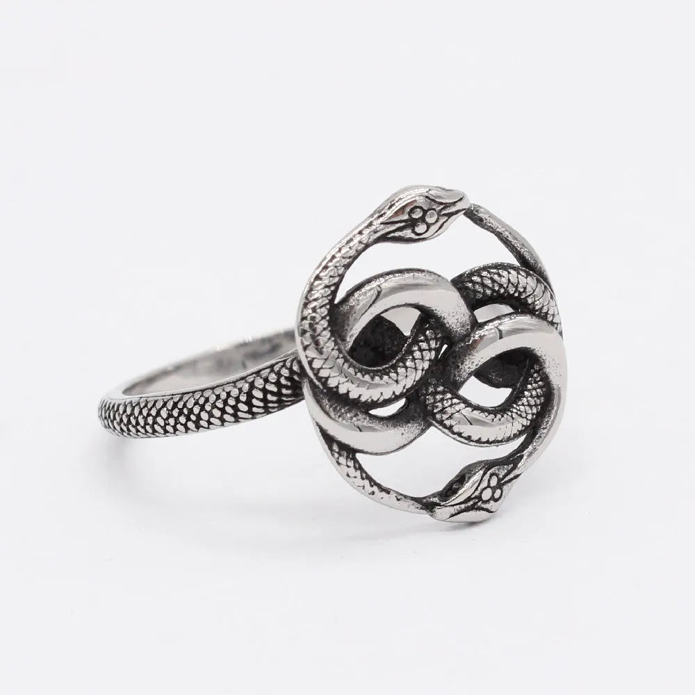 Retro double snake ring in titanium steel with steel colour finish showing entwined snake design
