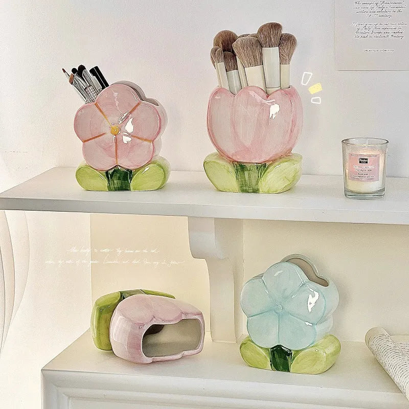 Ceramic flower pen holder storage box in floral pattern colours on desktop