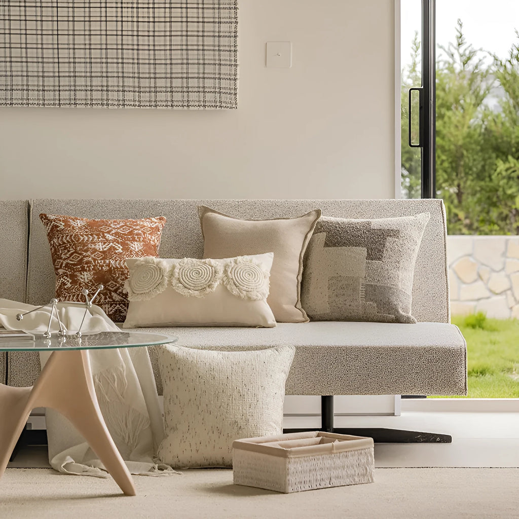 45cm square cushion pillow in solid colour with decorative edge stitching on sofa