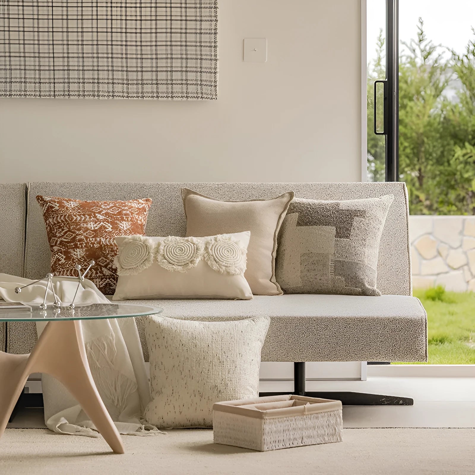 45cm square cushion pillow in solid colour with decorative edge stitching on sofa