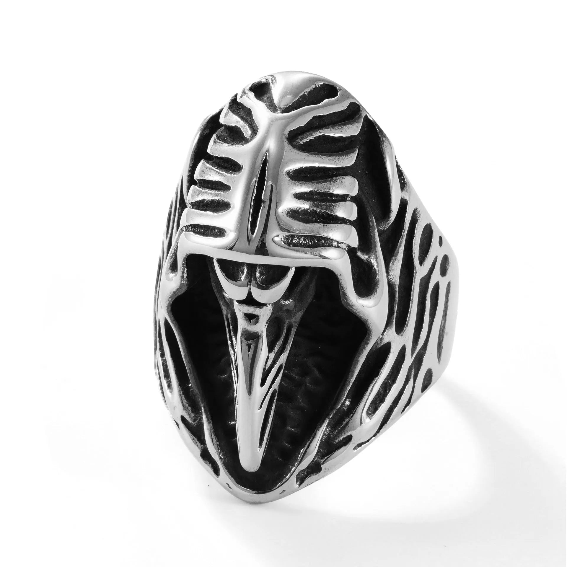 Black stainless steel crow punk ring with geometric design on finger