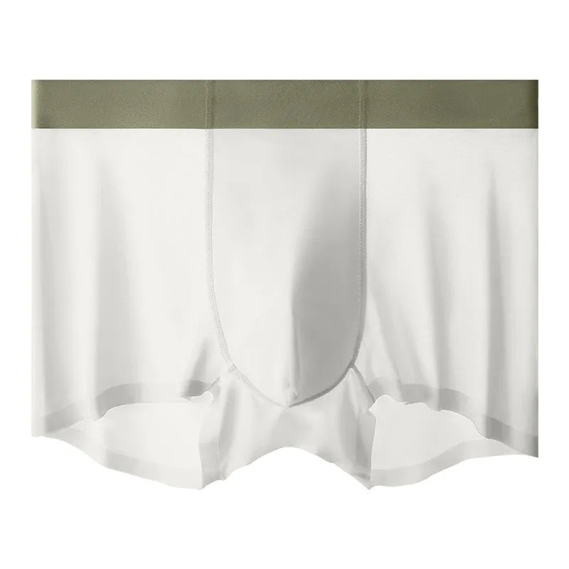 Men's seamless ice silk shorts in bean green, shown flat, highlighting the mid-waist and hip-lifting design.