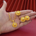 Gold-plated three-piece jewellery suit with three-layer flower design pendant, earrings, and ring on water wave chain