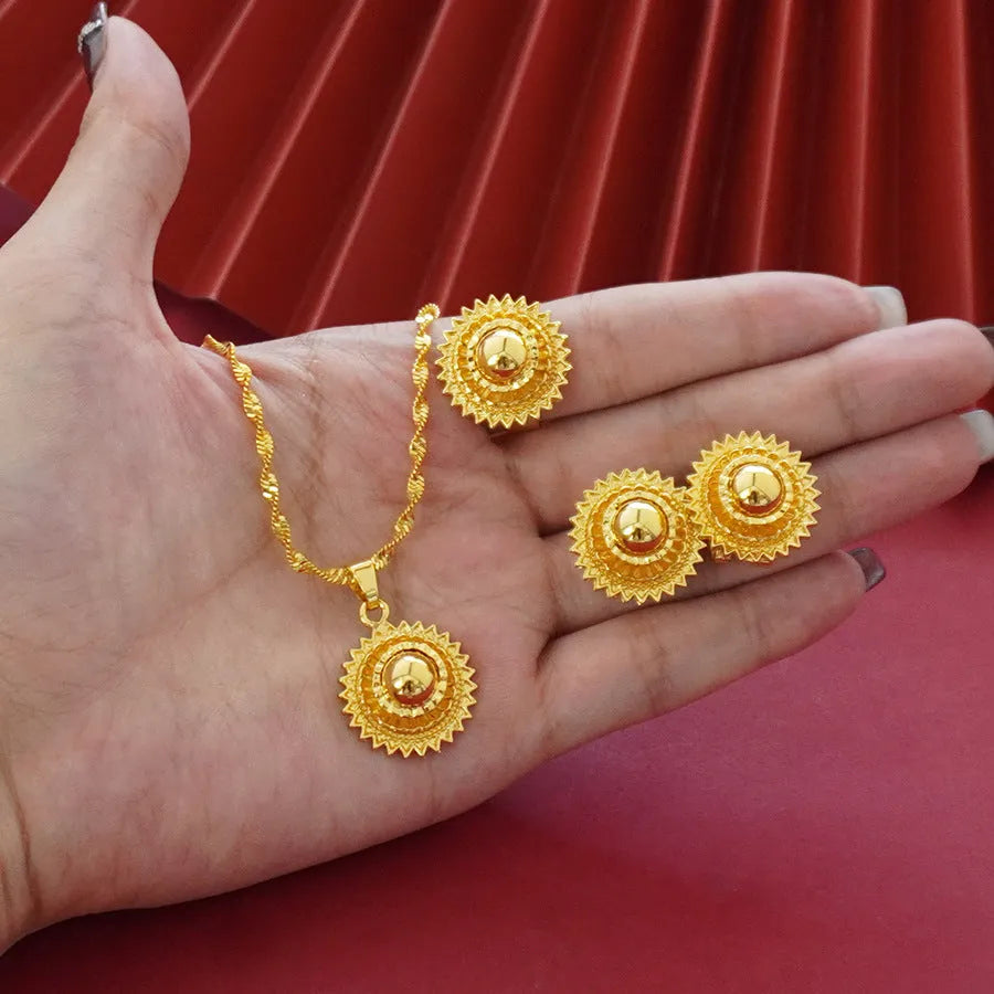 Gold-plated three-piece jewellery suit with three-layer flower design pendant, earrings, and ring on water wave chain