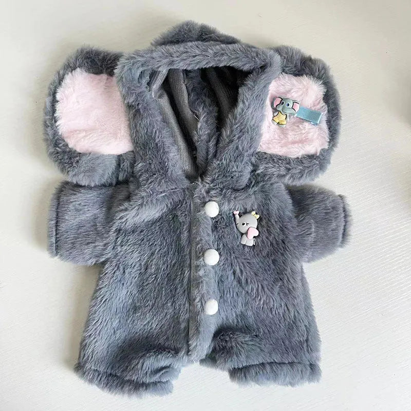 Grey elephant print jumpsuit for 30cm Lina bear doll made from plush fabric