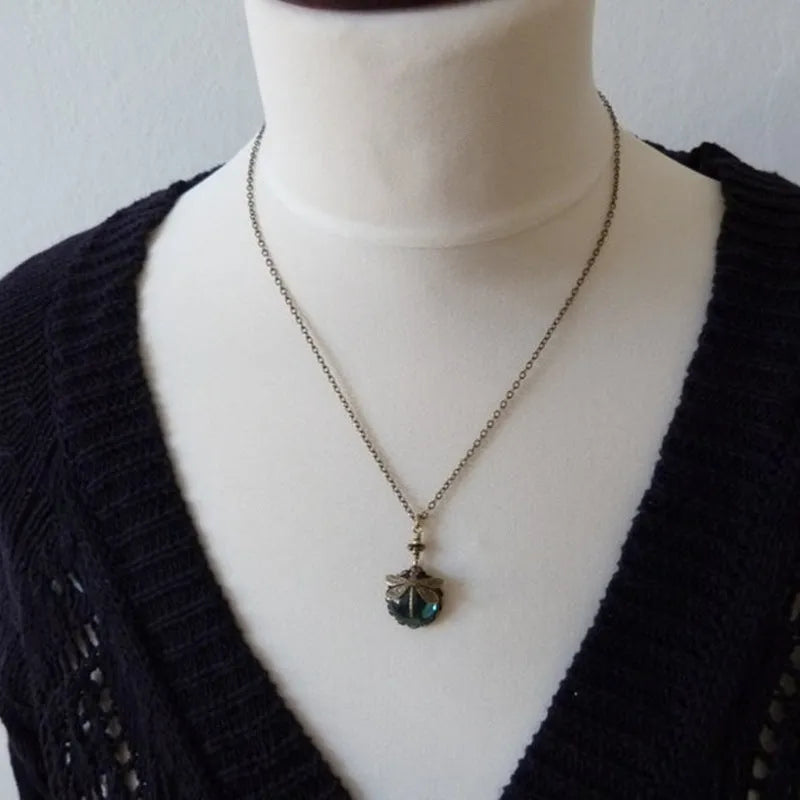 Vintage bronze dragonfly pendant necklace with hand-carved details on 925 silver chain