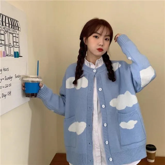 Women's blue cloud pattern spandex cardigan with loose fit and long sleeves