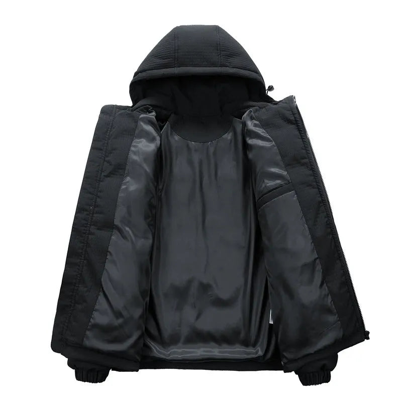 Men's black hooded winter coat with letter print, side pockets, and a cardigan style.