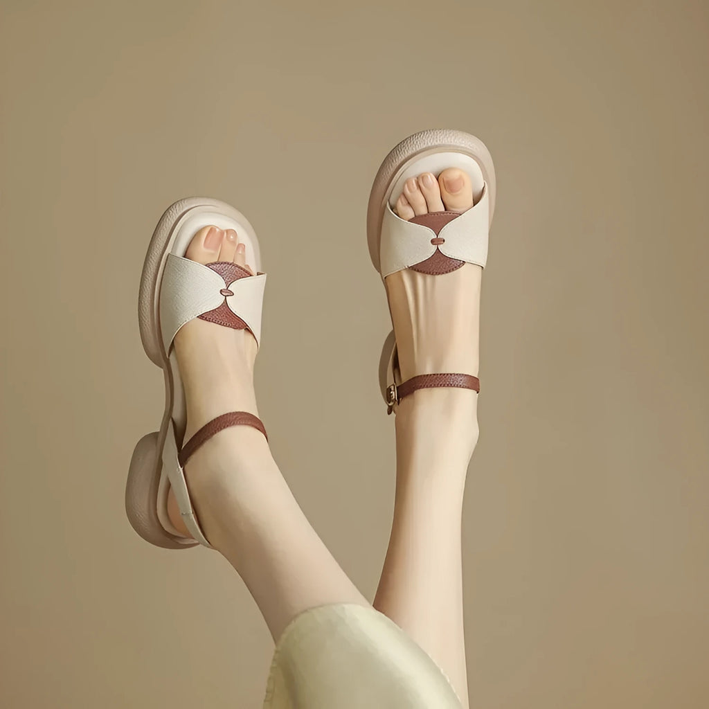 Women's chunky heel platform sandals with open toe in khaki renewable leather