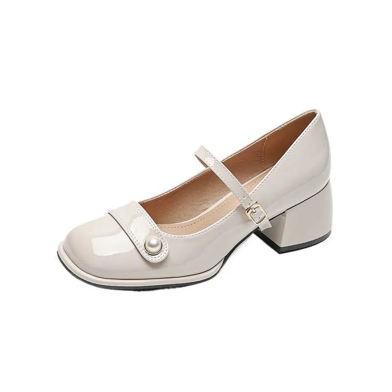 Women's apricot patent leather hiking shoe with chunky block heel and buckle closure