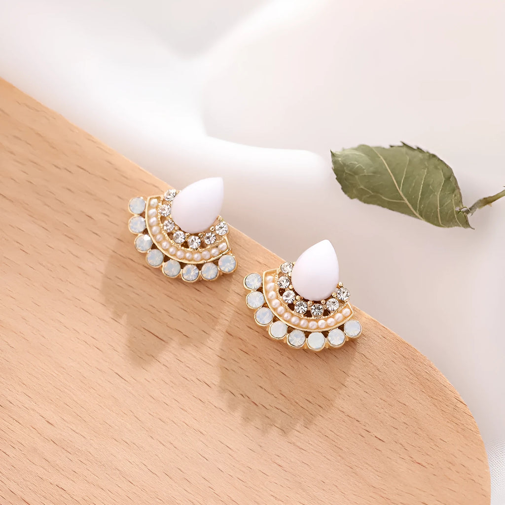 Women's retro fan-shaped opal rhinestone earrings with electroplated silver finish