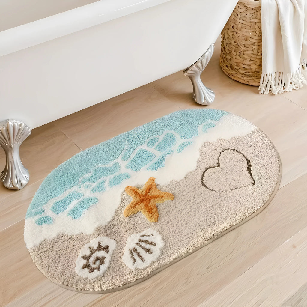 Square rainbow pattern carpet floor mat with a blue and white sky sea colour scheme and a plastic bottom.
