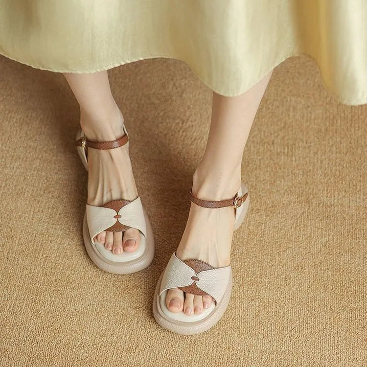 Women's chunky heel platform sandals with open toe in khaki renewable leather