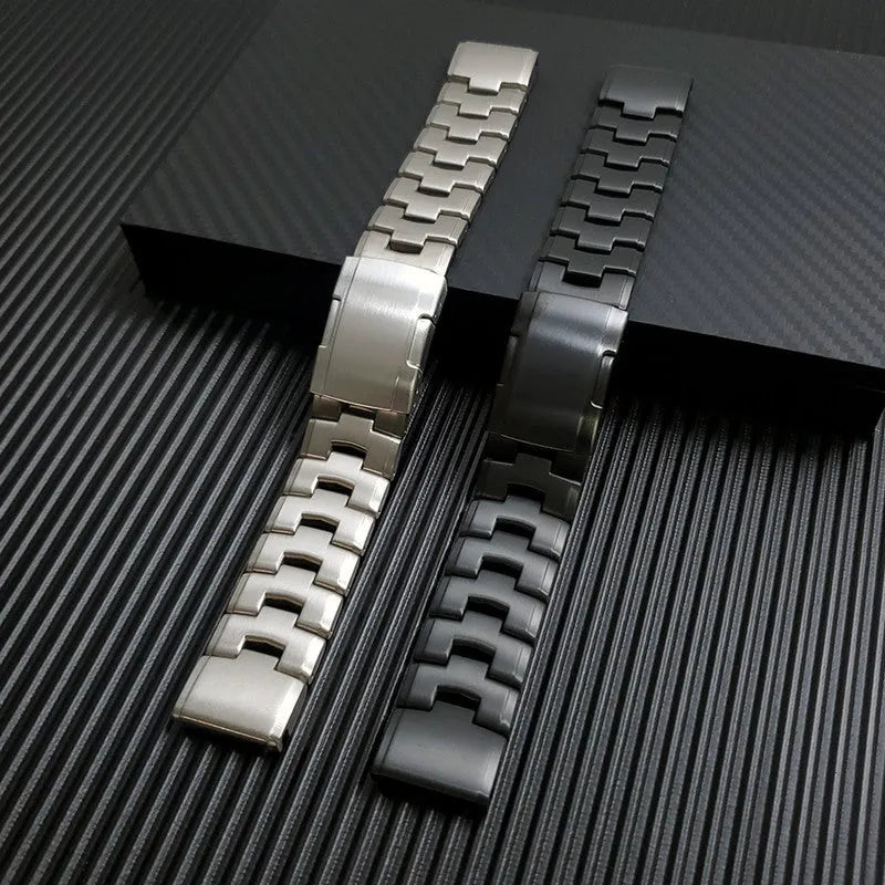 Garmin Fenix Jiaming watch replacement strap in silver, black, and titanium colours showing 22mm and 26mm width options.