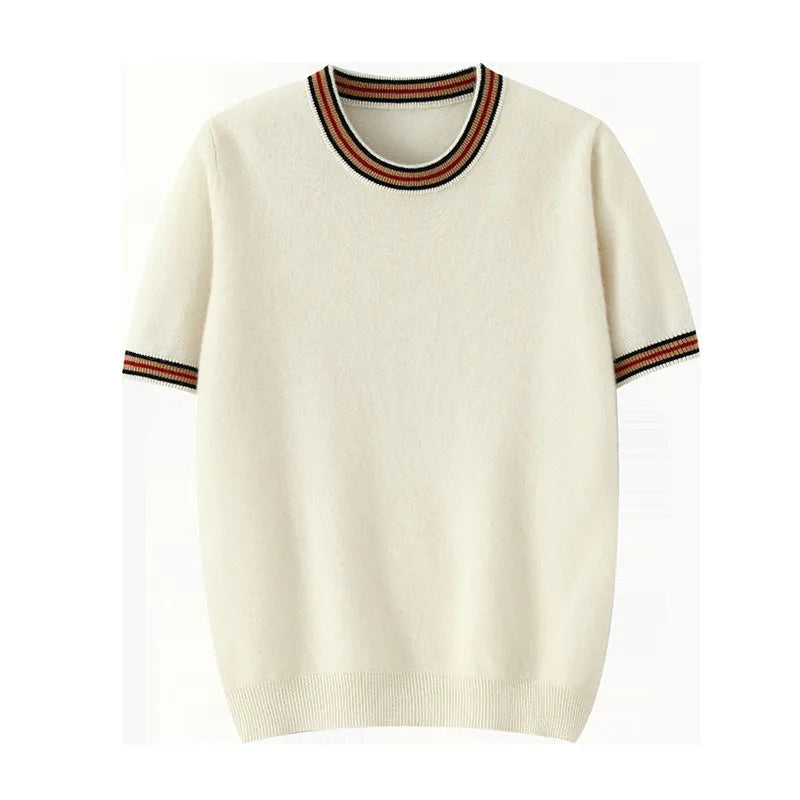 Men's grey pure wool short sleeve round neck pullover sweater laid flat