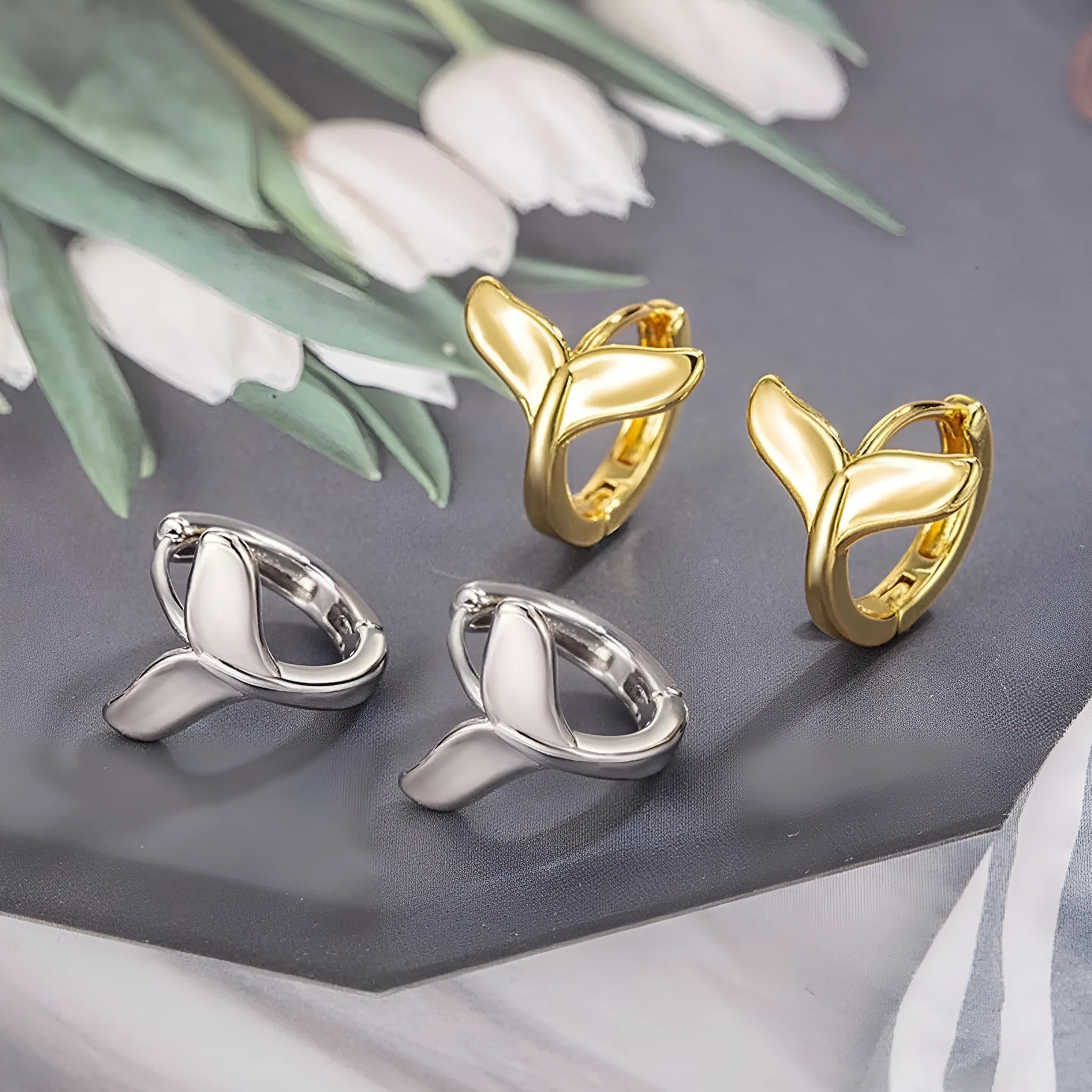 Women's fashion fishtail earrings in electroplated copper with white gold or yellow gold colour options