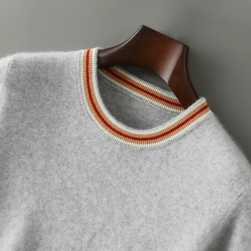 Men's grey pure wool short sleeve round neck pullover sweater laid flat