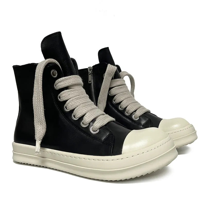 High-top leather sneakers with side zipper in black, white, and red colour options